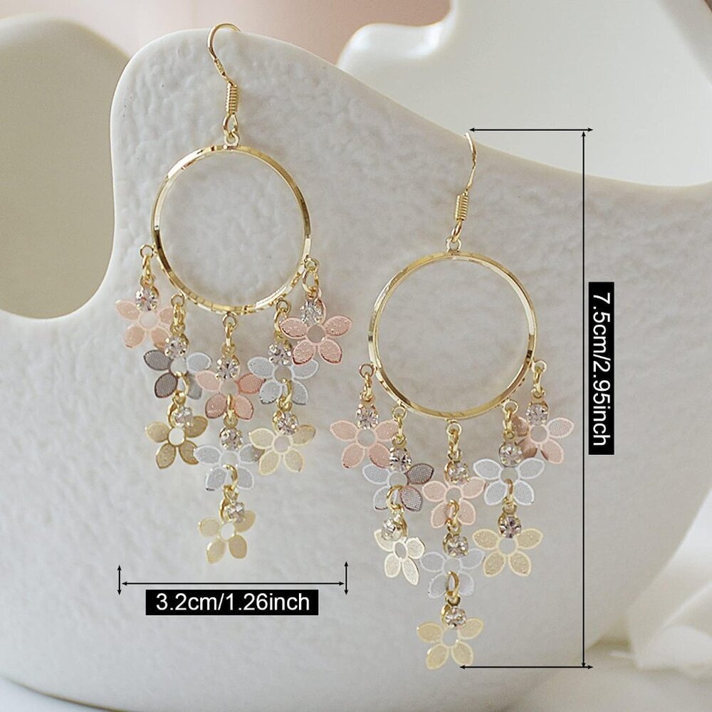 Women's Bohemian Long Colorful Chandelier Tassel Flower Dangle Drop Hoop Earring - Picture 2 of 9